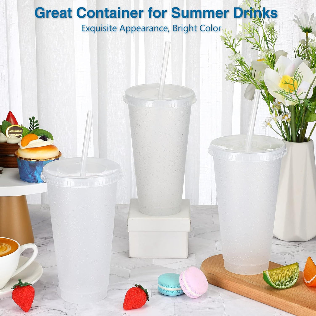 12 Pcs Reusable Glitter Cups with Lids and Straws 24 oz Plastic Tumbler Iced Coffee Cup Travel Mug for Smoothie Juice
