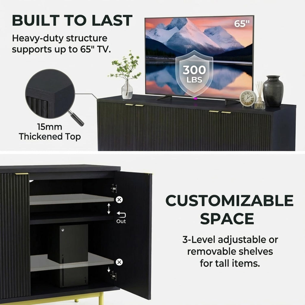 58 Inch Black TV Stand for 65 Inch TV, Modern Fluted Media Console Table with 4 Doors, Large Entertainment Center