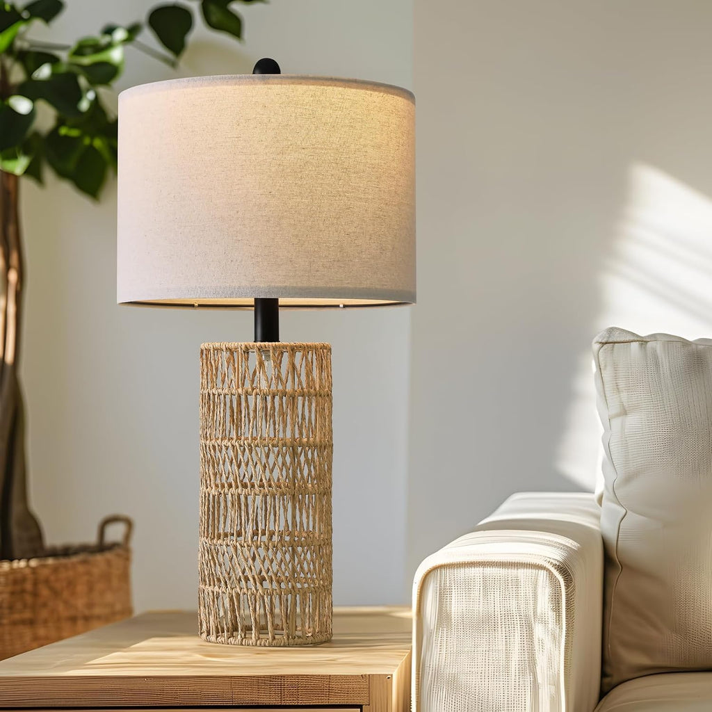 22.5" Boho Table Lamps Set of 2, Bedside Lamp for Nightstands, Rattan Lamp, Farmhouse Table Lamp for Room Decor