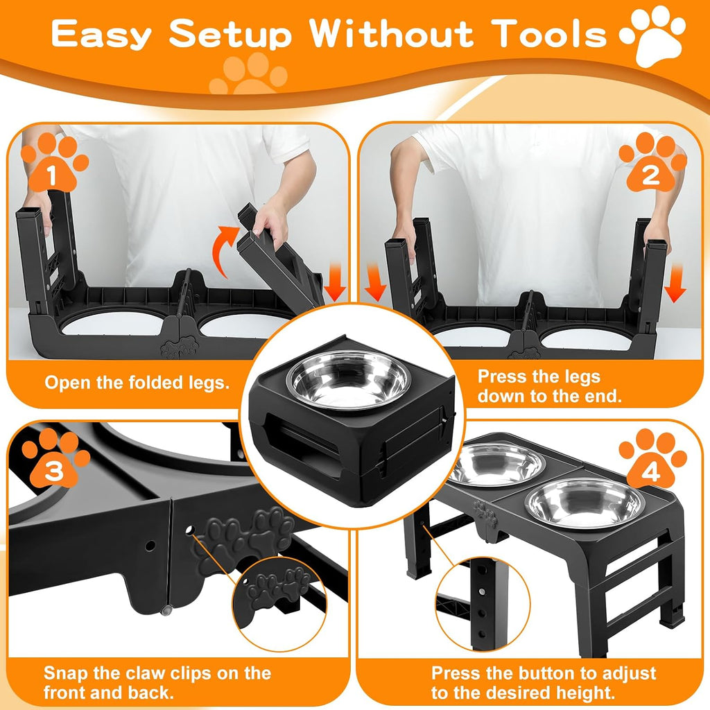Elevated Dog Bowls for Large Dogs 5 Adjustable Heights 7.5"-15.4", 2 X-Large 10" Stainless Steel Bowls, Heavy Duty