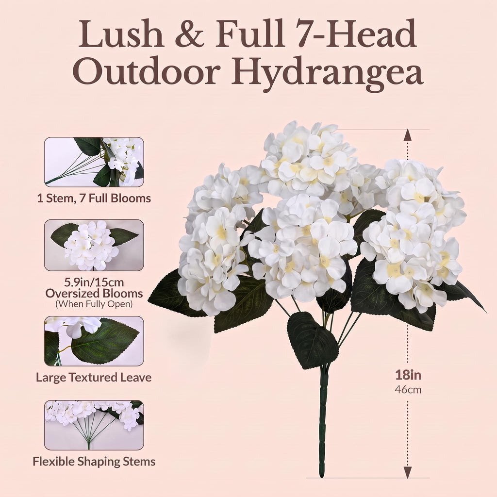 Upgraded 7-Head White Hydrangea Artificial Flowers, UV Resistant, 8PCS