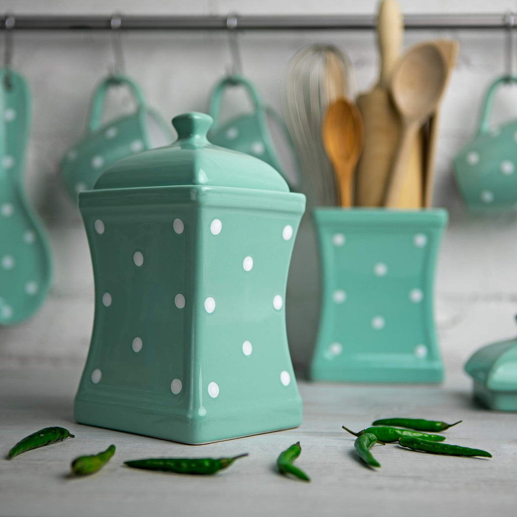 To Cottage Handmade Teal Blue and White Polka Dot Large Ceramic 31.5oz/900ml Kitchen Storage Jar with Lid | Pottery