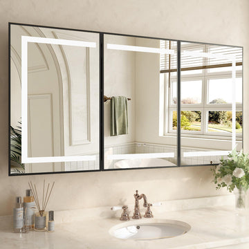 60 x 32 Inch LED Medicine Cabinet with Mirror, Recessed or Surface Mount, Soft Close Hinges, Adjustable Shelves, Black