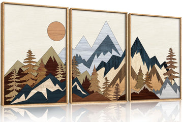 Mid Century Woodcut Mountain Woodland Framed Wall Art Set- 16"x24"x3