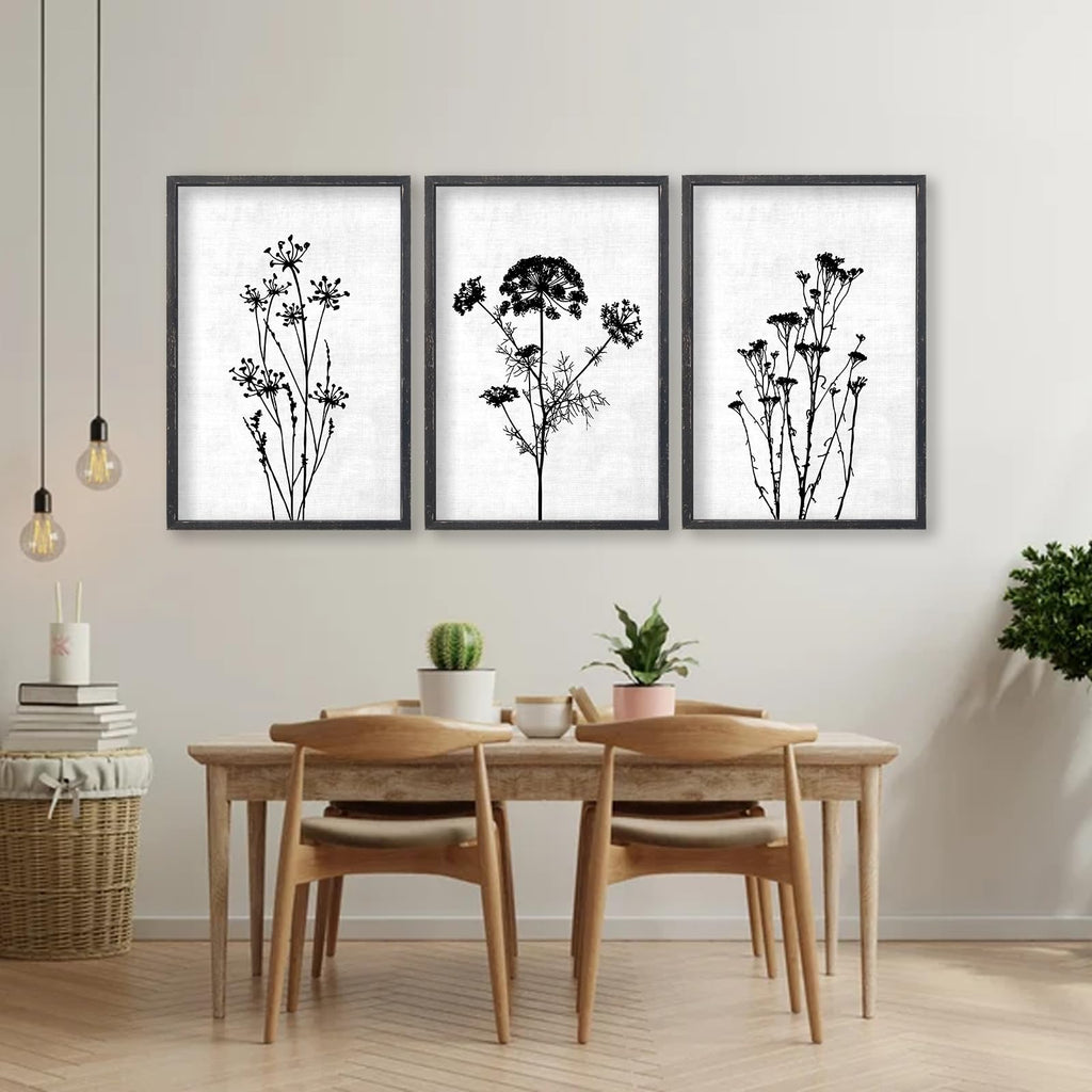 Flower Plant Wall Art Decor 16"x11" Set of 3 Black And White