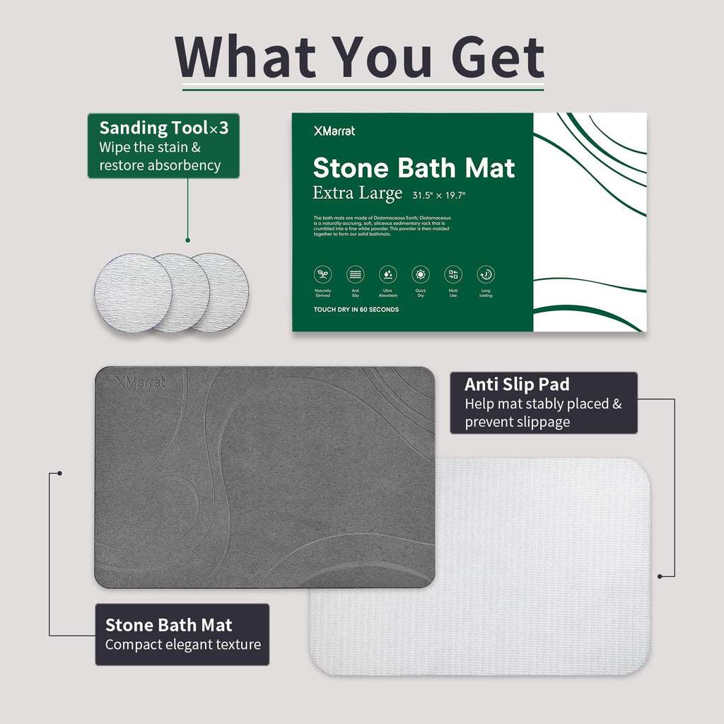 Extra Large Stone Bath Mat, Diatomaceous Earth Mat, 31.5"x19.7"