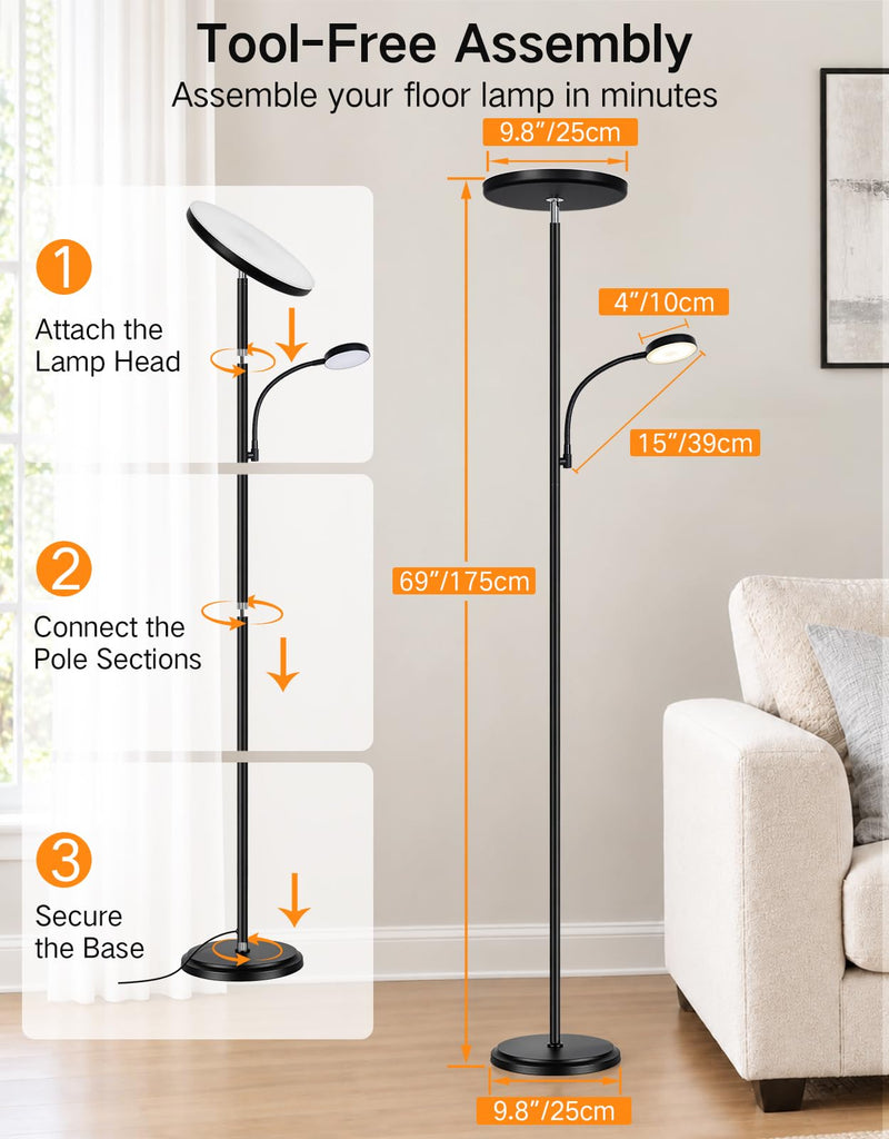 LED Torchiere Floor Lamp with Reading Light, Dimmable Standing Lamp