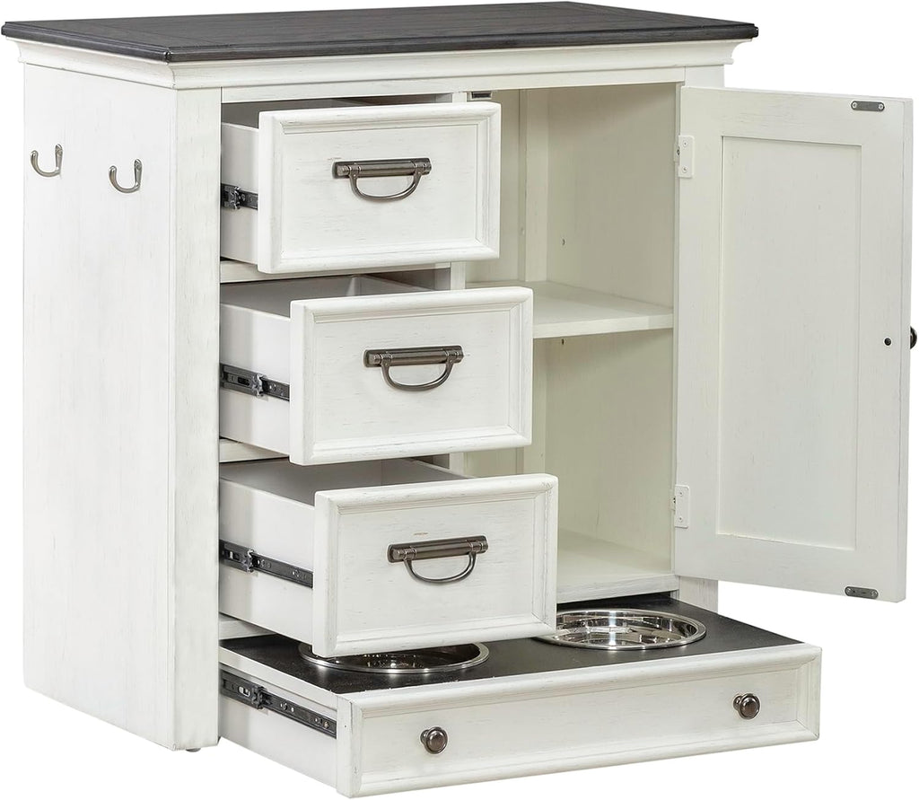 Furniture Allyson Park Pet Feeder Cabinet Cottage Home Storage Raised Pet Food Bowl Drawer - Wirebrushed White