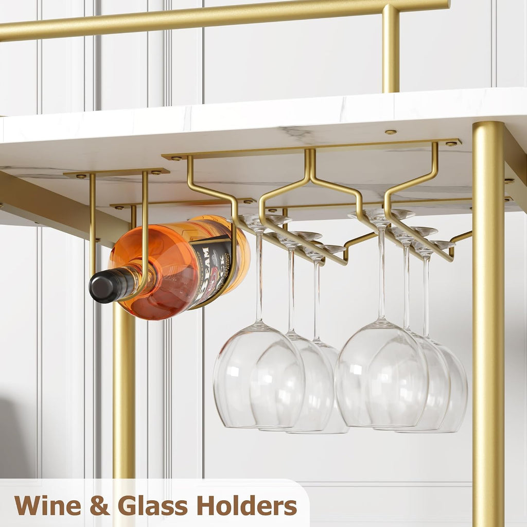 Bar Carts Gold with 4-Tiers Storage Shelves,Mobile Bar Seving Cart On Wheels with Wine Rack and Glass Holder ,White.