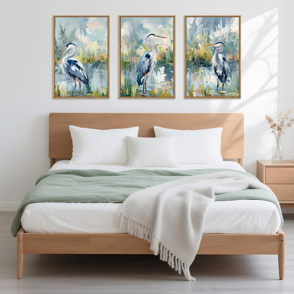 Great Blue Heron Wall Art Set of 3, Watercolor Coastal Bird Wall Decor(16x24), Wildlife Animal Illustrations Canvas