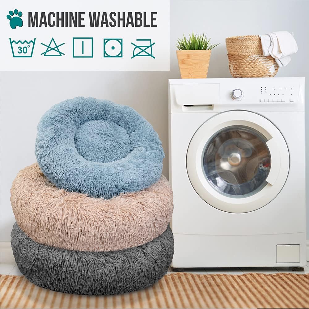 Calming Donut Dog Bed, Washable Faux Fur, Medium, Grey