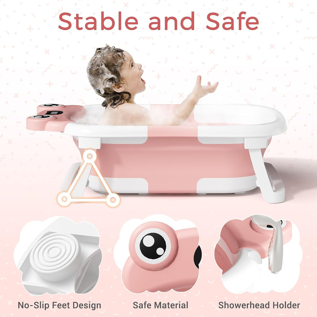 Baby Bathtub, Collapsible Newborn Bathtub for Infant to Toddler with Soft Cushion and Thermometer,Portable Travel
