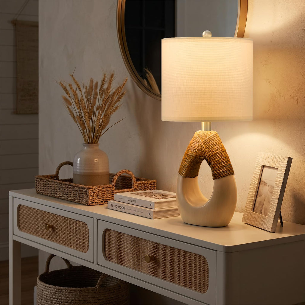 19" Boho Table Lamps Bedroom Living Room, Suitable for Small Space, Farmhouse Rattan Lamp Rustic Egg Design Resin