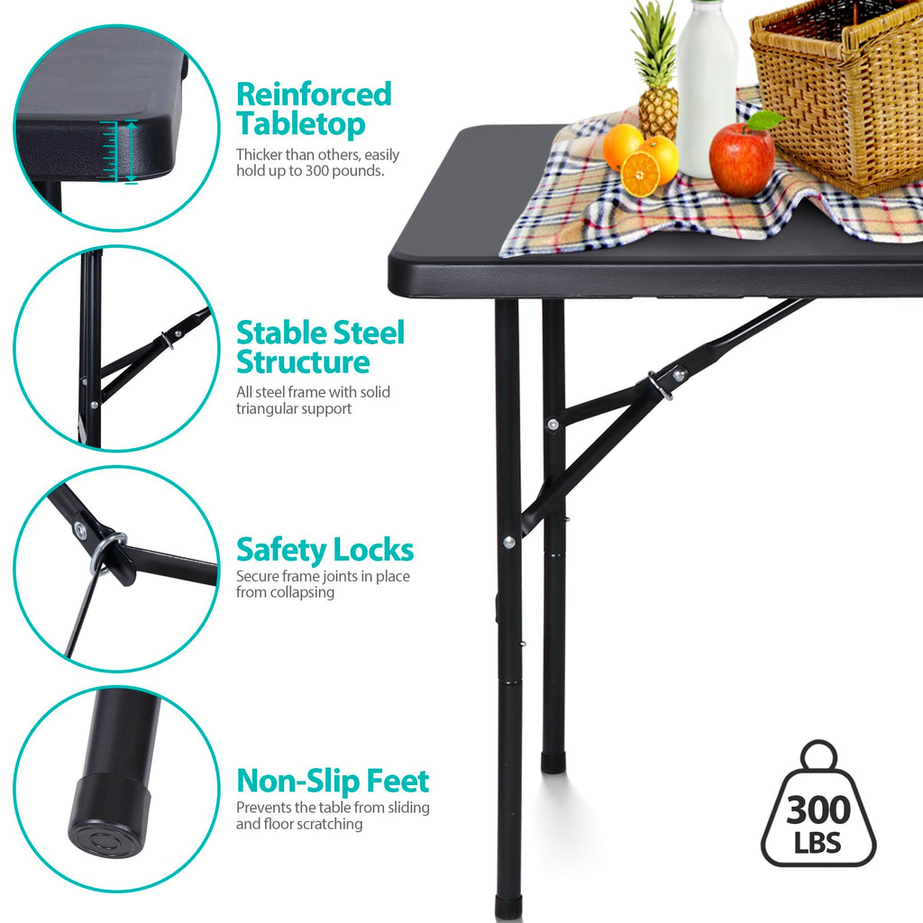 4ft Portable Folding Table Plastic Indoor Outdoor Picnic Party Camp Dining Table with Handle, Black