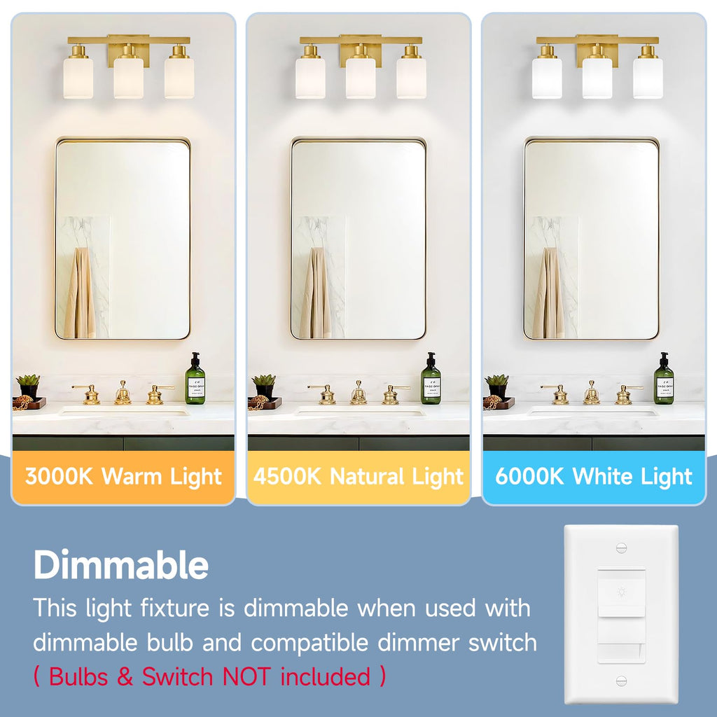 Bathroom Vanity Light, 3-Light Gold Modern Bathroom Light Fixtures with Square Frosted Glass, Gold Wall Lamp Sconces