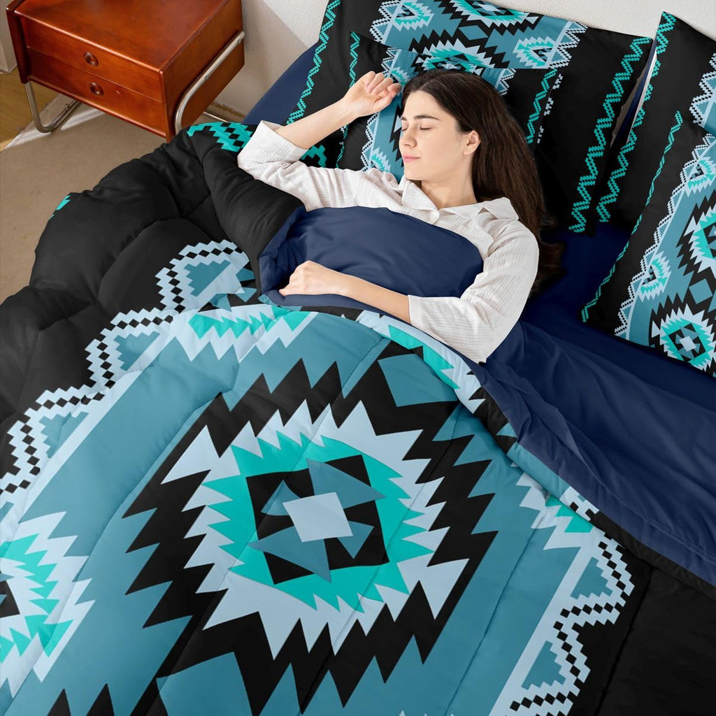 Southwestern Aztec Comforter Set Full Size 7 Pieces Western Tribal Aztec Native American Bedding Set Blue Boho Exotic