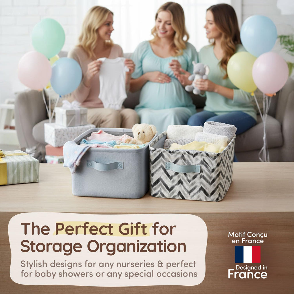 Fabric Storage Bins Cute 8"x5.2"x10" - Collapsible Neutral & Chevron Kids Baskets with Handles 2 Pack, Hamper Fabric