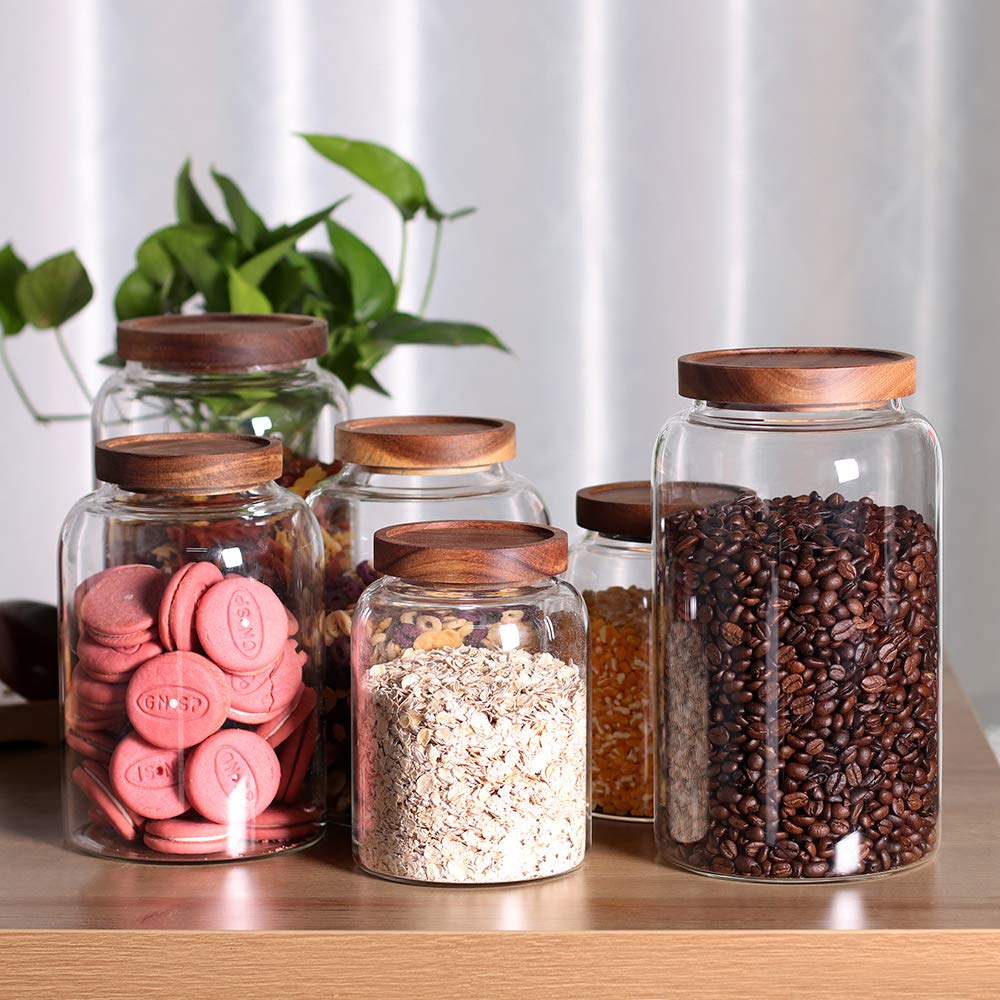 Large Glass Jar with Airtight Lid Set of 2 93 FL OZ(2750ml) glass canister set, Glass Food Containers Wooden Lid Suit