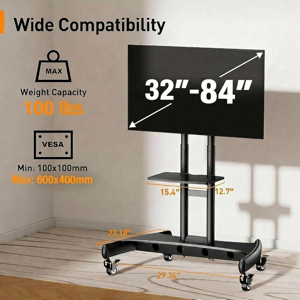 Rolling TV Stand for 32-84 Inch TV, Mobile TV Cart up to 100lbs, Adjustable Height Outdoor TV Cart with Heavy-Duty