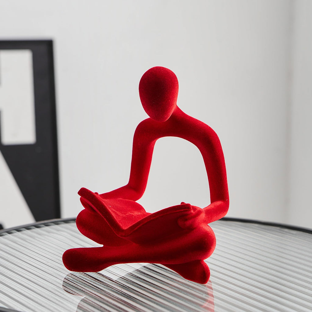 Red Reading Statue Decor, Modern Abstract Thinker Sculptures Decorations, Flocked Figurine Office TV Stand Shelf