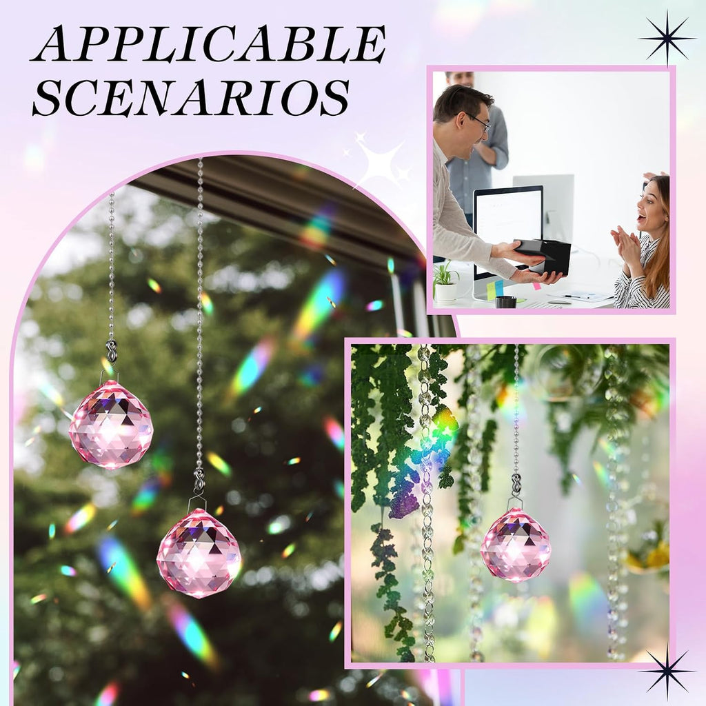 2 Pcs Crystal Prism Ball 40 mm Suncatcher with Chain Hanging Rainbow Pendants Prism for Windows Gift Feng Shui(Pink)