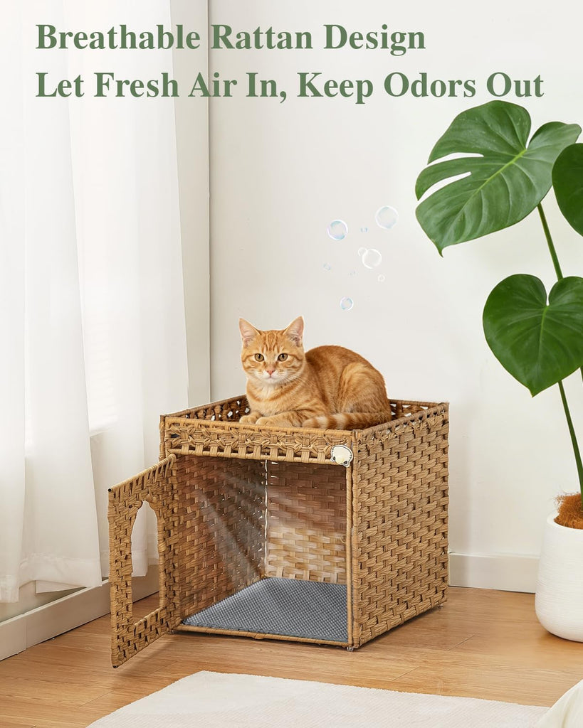 Cat Litter Box Enclosure Furniture, Hidden PE Rattan, Natural
