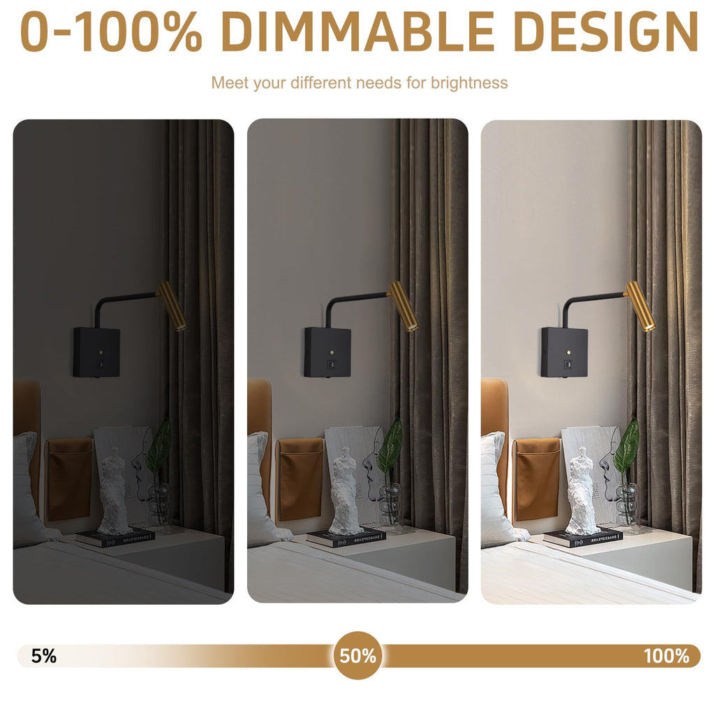 LED Wall Lamp Wall Mounted Reading Lights, Dimmable Adjustable Headboard Plug in Wall Sconce with USB C+A Ports