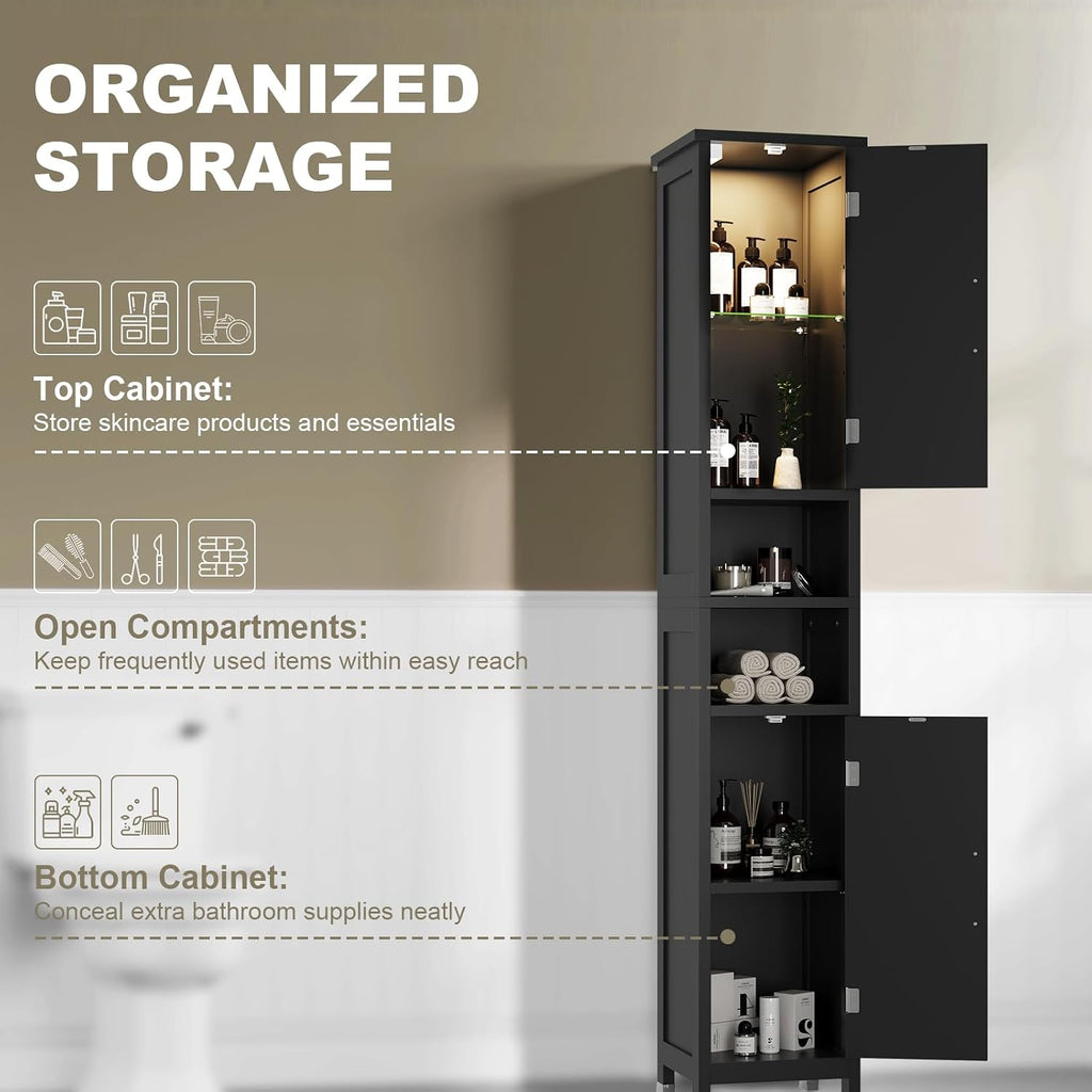 67" Tall Bathroom Storage Cabinet with Lights, Slim Narrow Bathroom Cabinet Organizer with Doors and Adjustable