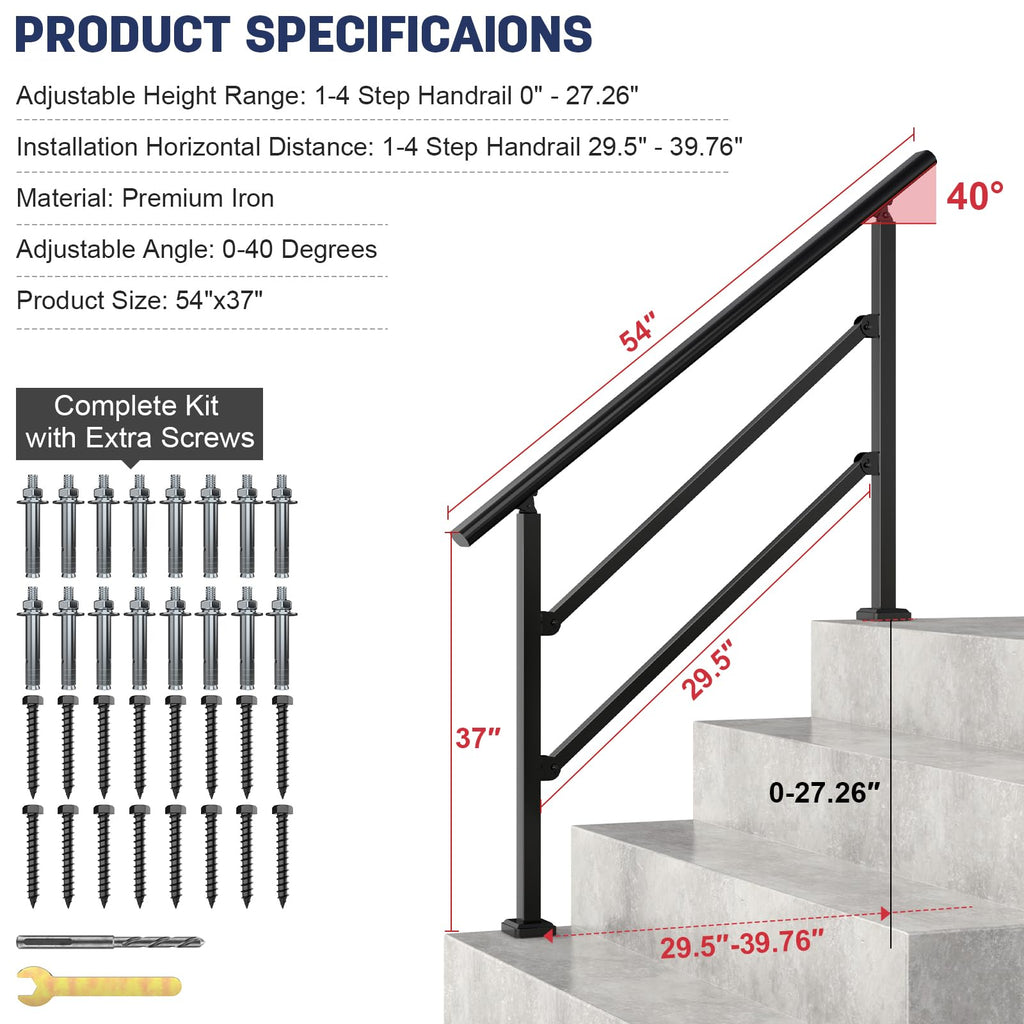 2 Pack Handrails for Outdoor Steps, Black Stair Handrail Fit 1-4 Steps
