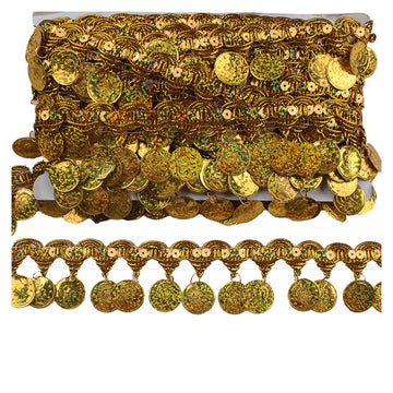 Coin Shape Sequin Tassel Trim 1.77 Inch Width Fringe Lace Dance Dress Belt Chain DIY Clothing Ribbon (Gold) - 10 Yards