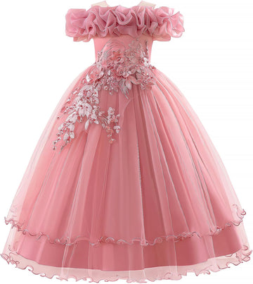 Flower Girl Dresses Lace Embroidery Off The Shoulder Tulle Dress Communion Pageant Wedding Dance Gown