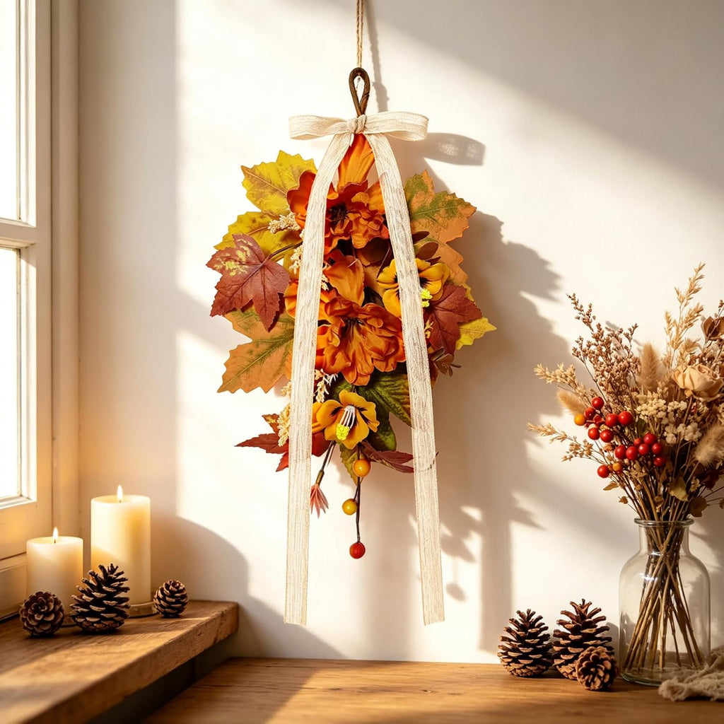 Fall Lantern Teardrop Swag with Bow 16" Mini Autumn Floral Swag with Peony Wheat Maple Leaves Thanksgiving - Set of 6
