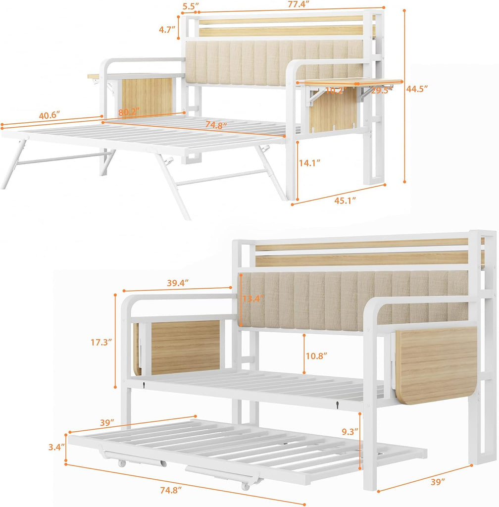 Daybed with Trundle and LED Light, Heavy Duty Metal Twin Bed Frame with Upholstered Storage Headboard & Charging