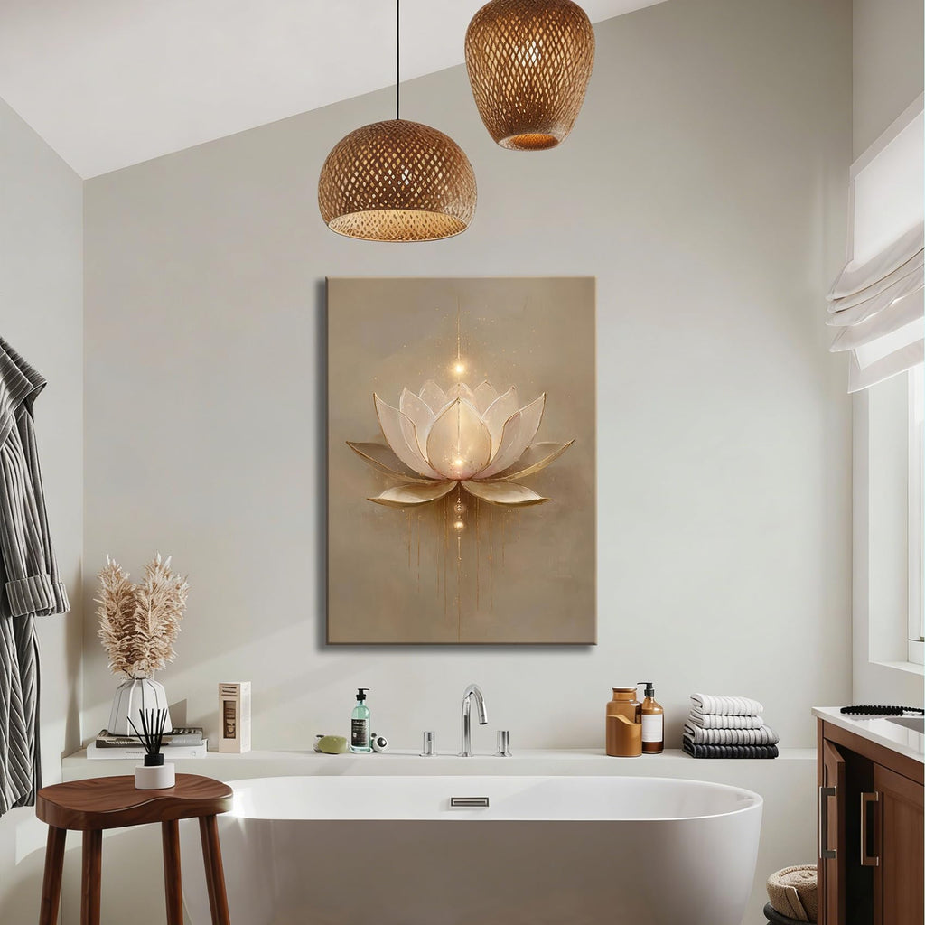 Framed Minimalist Gold Drip Lotus Canvas Wall Art, Soft Beige Floral Zen Canvas Prints Pictures, tranquil wall decor