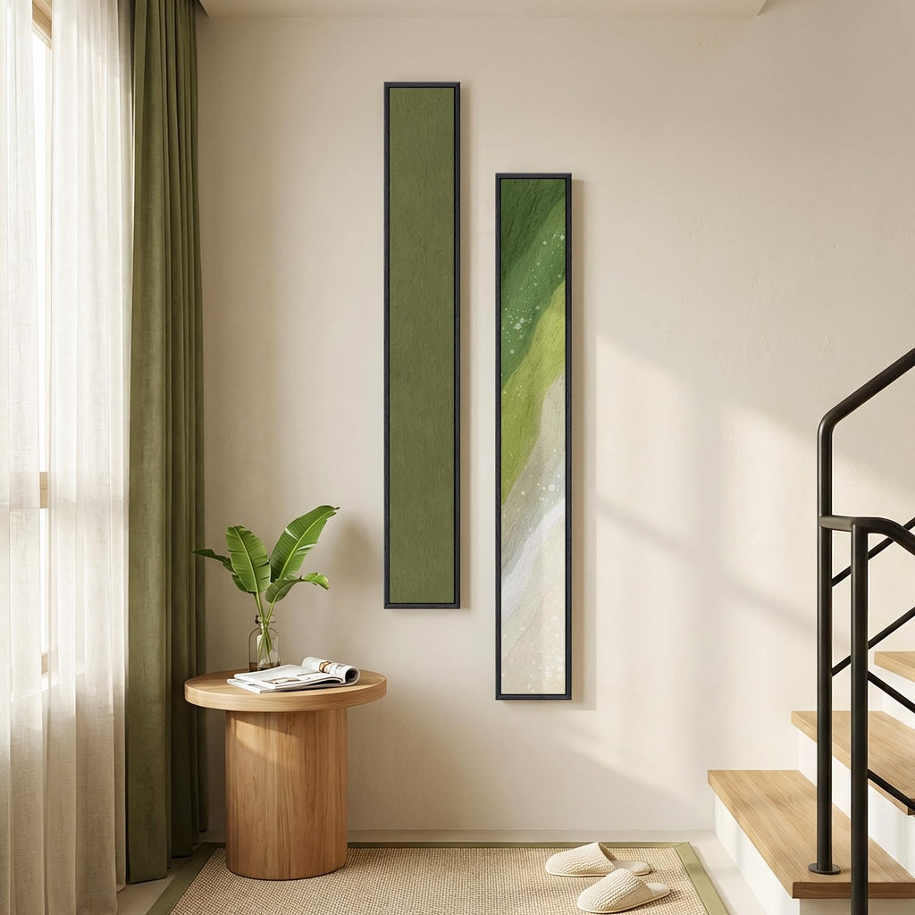 Framed Sage Green Abstract Long Narrow Wall Art Decor, 2 Piece