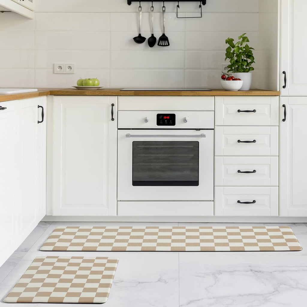 Checkered Kitchen Mats for Floor Set of 2, 2 Pcs Beige Khaki Cushioned Non Slip Runner Rugs /Sink/Laundry, Comfort