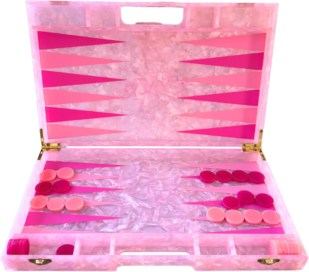 Luxury Backgammon Set, Board Game with Dust Bag, Marbled Pink with Gold Hardware, Acrylic Material, 14", Complete - Set of 30