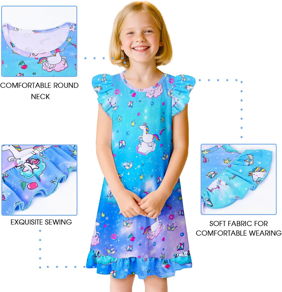 2pcs Girls Nightgowns, Unicorn Nightgown Princess Pajama Dresses for Girls Sleepwear Nightie
