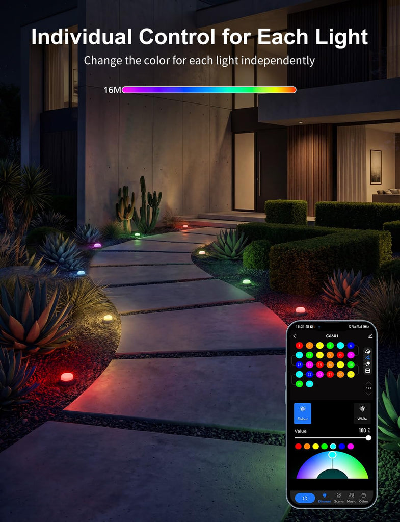 Outdoor Ground Lights 26 Pack, 58FT RGBCW Pathway Lights Wired