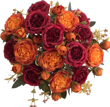 4-Bunch Burgundy and Orange Artificial Peony Bouquet for Fall Decor - Set of 4