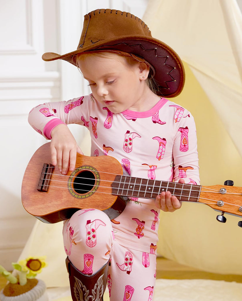Bamboo Viscose Toddler Girls Kids Pajamas Pinky Boots Pjs Long Sleeve Snug fit 2pcs Soft Jammies