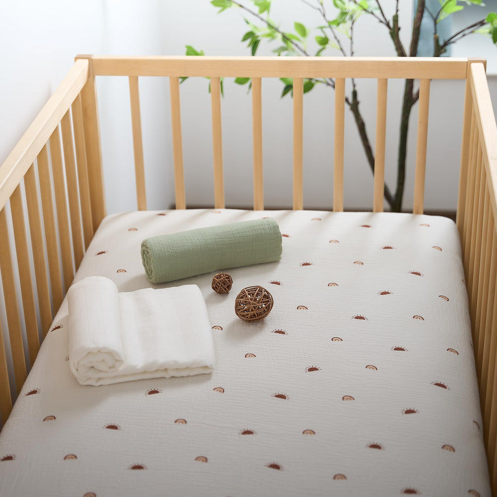Muslin Fitted Crib Sheet, 100% Cotton, 28"x52", Sun Rainbow
