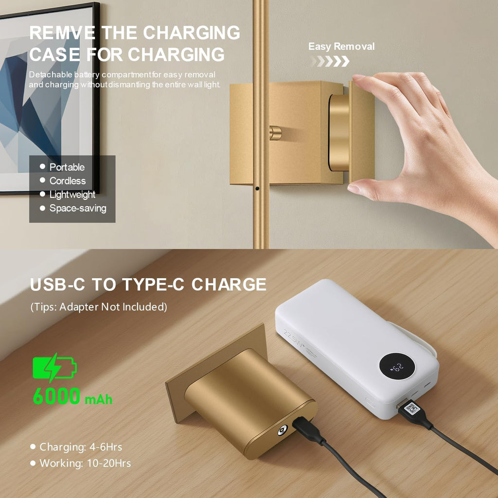 Battery Operated Wall Sconces Set of 2, USB Rechargeable Wall Lights with Remote Control, 360° Rotation, 6000mAh