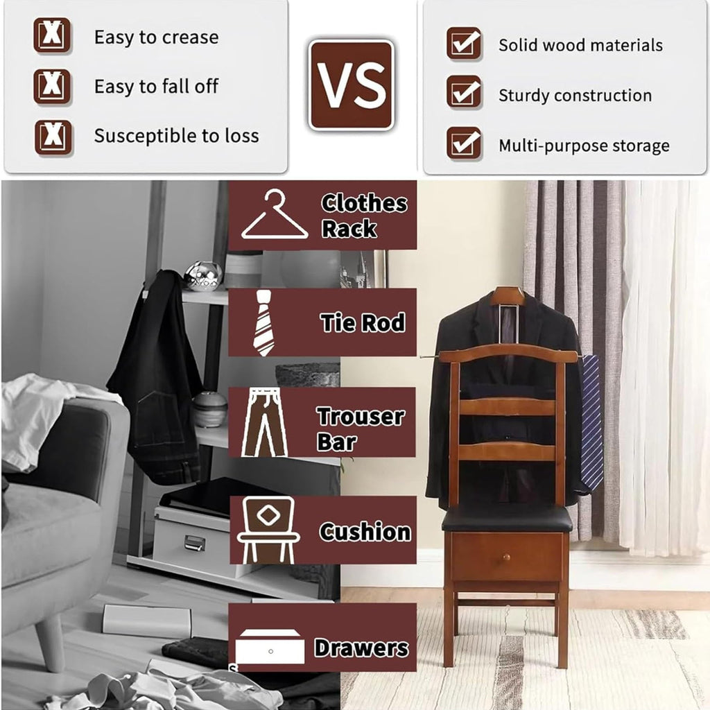 Brown Valet Stand with Drawer & Office Chair Hanger, Men's Organizer for Clothes, Watches, Keys & Accessories