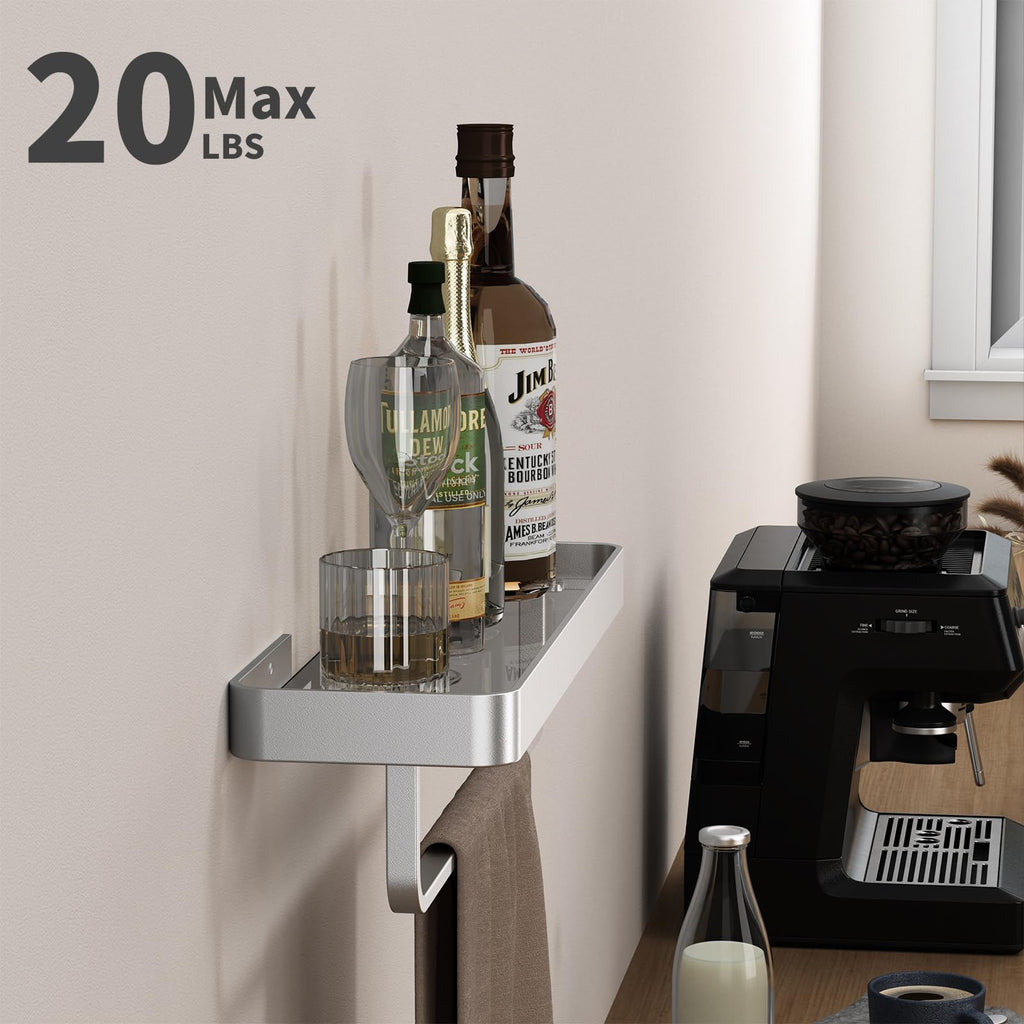 16 Inch Long Floating Bathroom Shelf with Towel Bar, Clear Tempered Glass Wall Shelf with Hand Towel Holder Storage