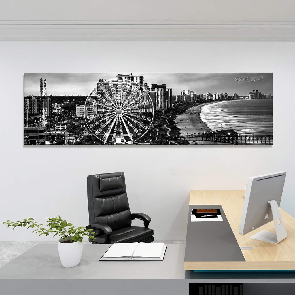 Myrtle Beach Wall Art Ferris Wheel Skyline Wall Decor Black and White Cityscape Panoramic Canvas Paintings USA South