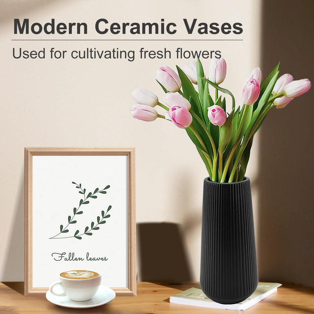 Black Ceramic Vase, Cute Flower Vase for Pampas Grass, Home, Living Room, Dining Table, Farmhouse, Office Decor