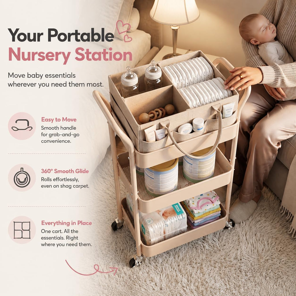 Beige 3 Tier Rolling Diaper Caddy Cart with Wheels and Detachable Dividers