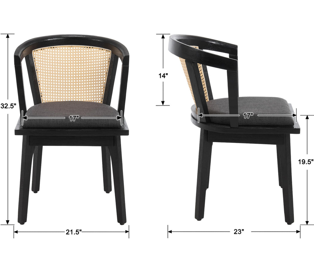 Rattan Mid Century Dining Chairs Set of 8 Modern Farmhouse Dining Room Chairs with Cane Curved Back and Black Wooden