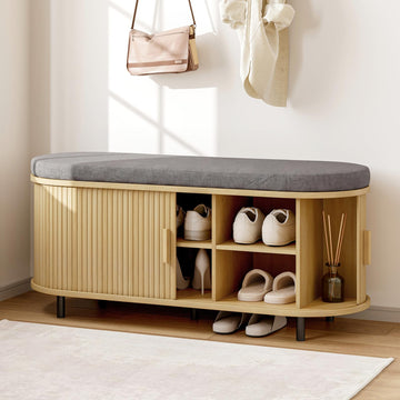 43" Shoe Bench with Storage, Fluted Shoe Storage Bench, Oak